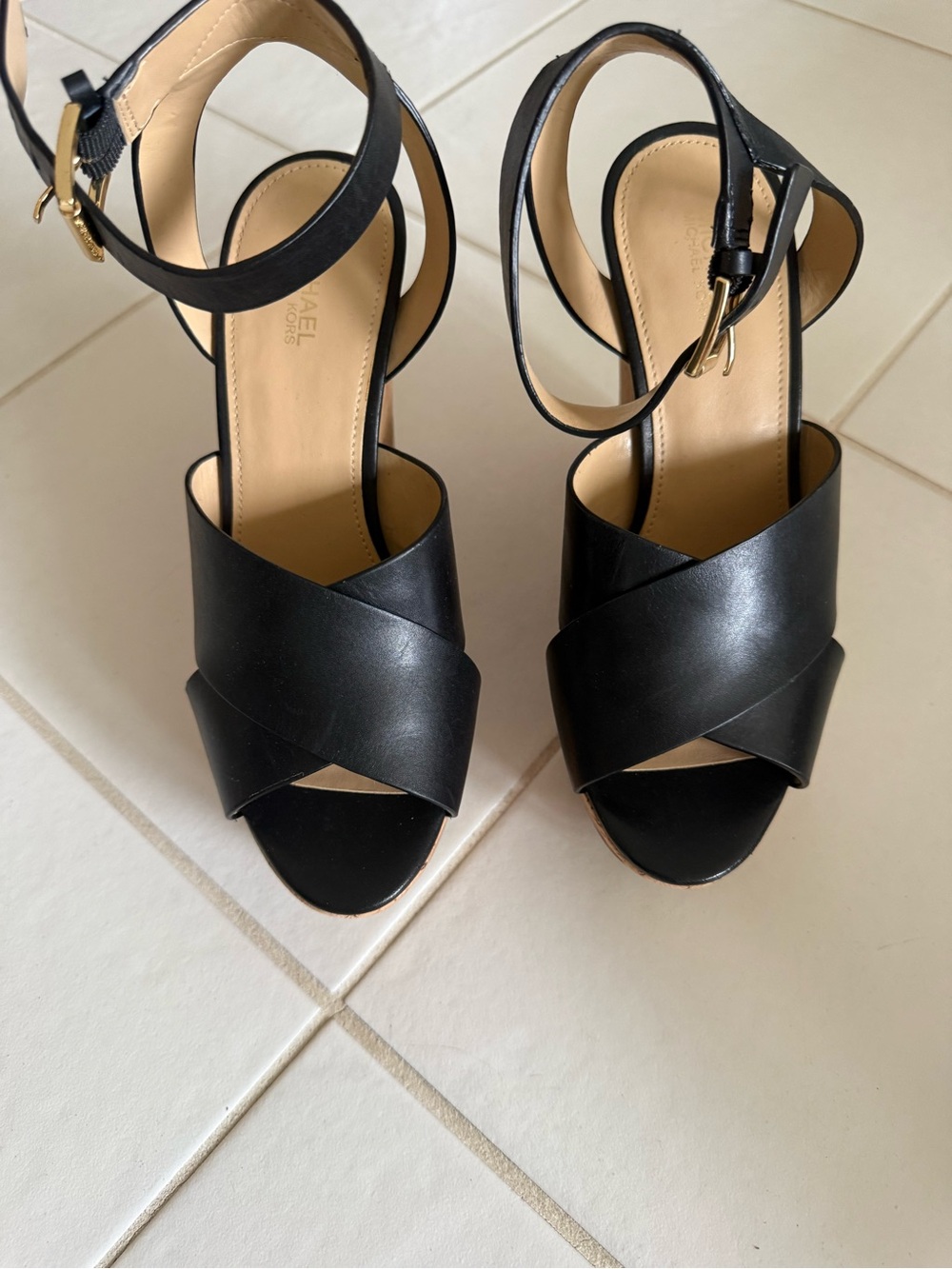 Michael Kors Black Leather Crisscross Ankle-Heel Sandals
